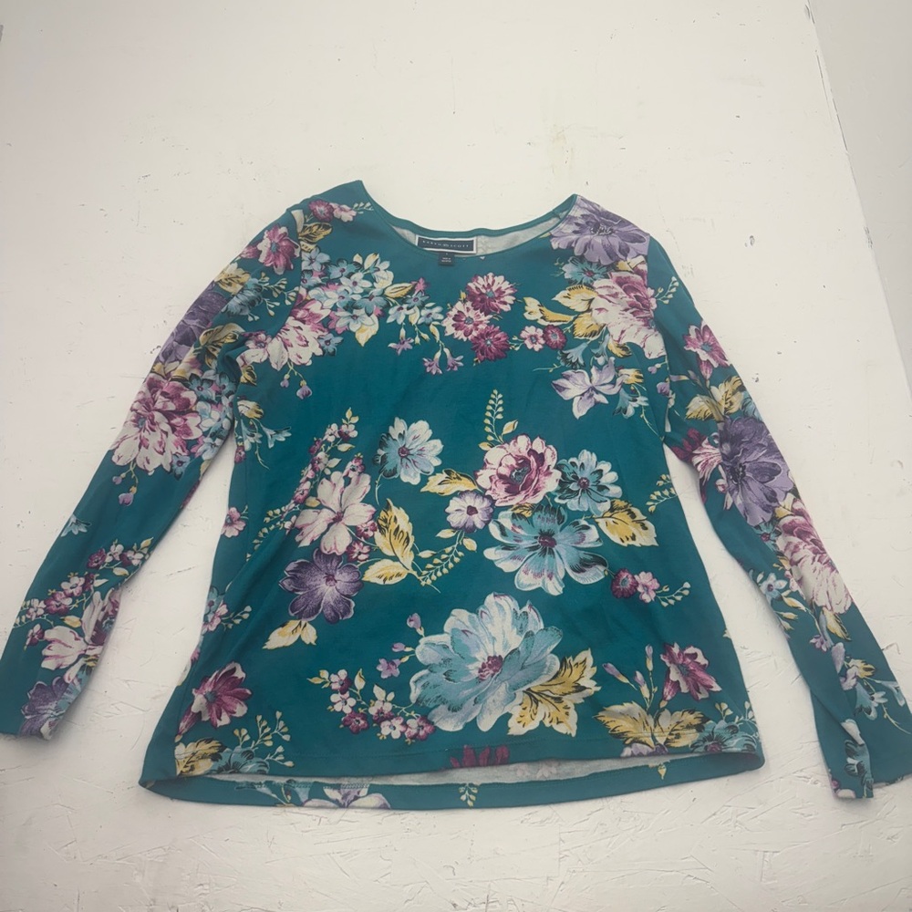 Karen Scott Teal and Pink Floral Blouse